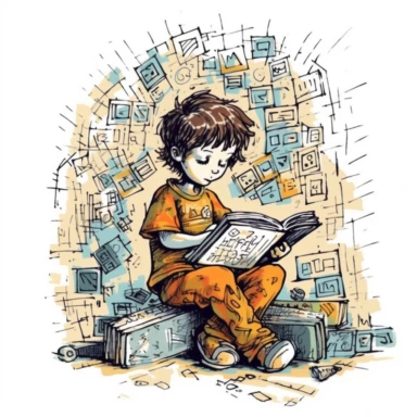 drawing of a child who`s reading a math book, in the style of childrens book illustration, expressive black lines, harmonic colors, white background, clipart