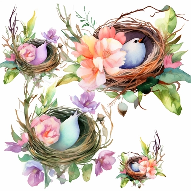 Highly detailed watercolor clipart, floral Bird Nests springtime cute birds and blossoms, , fantasy, highly detailed, fantasy cartoon illustration, greenery, alcohol ink, Watercolor, UHD, 8K, 3D