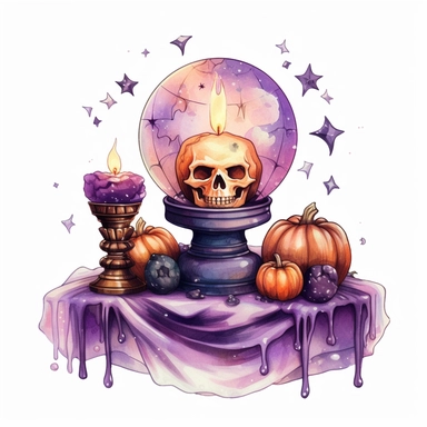 hand drawn glowing crystal ball sitting on a table with crystals, tarot cards, a wand, candles and a pumpkin, Halloween, purple and orange shades,fantasy, glamorous, , clipart style, detailed and realistic, watercolor, white background with margins
