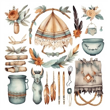 watercolor clip art baby boho items laid out, uhd