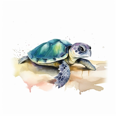 a baby sea turtle crawling towards the ocean on the beach , clipart, watercolor, white background