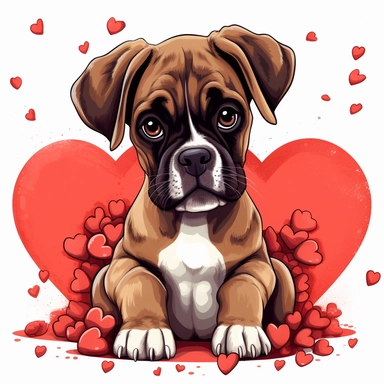 cute boxer puppy chibli clipart surrounded by hearts