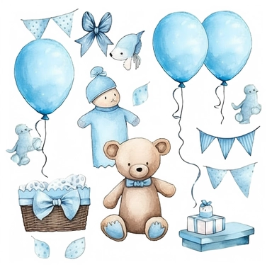 watercolor illustration, cute gender reveal doodle clipart, boy or girl, high resolution, detailed doodle, white background, items clipart for baby shower gender reveal