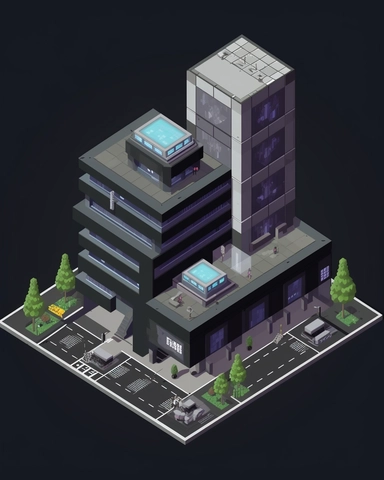 isometric clean pixel art image, game sprite, futuristic random public building concept, gaming asset, sci-fi, fun, creative, cartoon, clipart, hyper-detailed, black background,