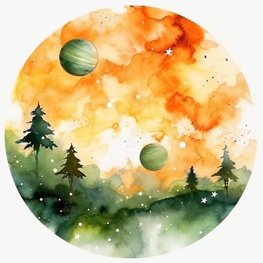 Watercolor beach clipart, heavenly galaxy, green and orange, hd, white background