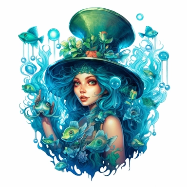 blue green which elf mermaid pretty woman with which hat surrounded by water in fish in the style of floral surrealism, twinkling fairy lights, castle and bats, crowcore, frostpunk, steampunk, detailed character illustrations, detailed comic book art, luminosity of water, hyper realistic, isolated white background, 8k, ultra detailed clipart, uplighted