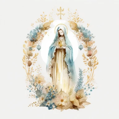 cliparts cute high resolution 3 holy mother, full body using white tunic light blue and gold mantle props, soft colors boho minimalism, hight resolution watercolor illustration the divine holy spirit, a rosary, a church and angels flower’s