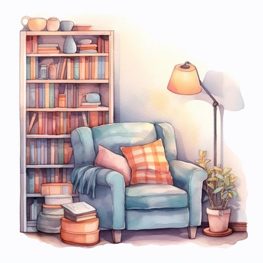 pastel watercolor clipart, cozy reading nook with a plush armchair, bookshelves, and a warm reading lamp, light aesthetic, detailed, UHD, 8K, 3D, solid white background