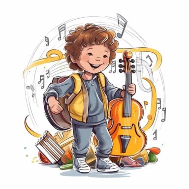 Music notes and instruments, a young child singing and wearing a backpack, vector style graphic, positive vibe, clipart, single design, white background