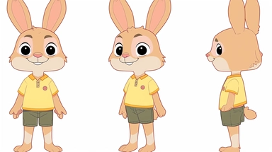 clipart,A cute little rabbit wearing a bright shirt and shorts+three Kans, with three perspectives on the front, side, and back, in different poses. The little rabbit has a small and cute body, with furry white fur and a pair of long ears. Its bright black eyes exude a clever and curious expression. A mischievous expression, he often wears bright shirts and shorts, full of vitality.clipart style, full body with both feet, painting, illustration, style, beautiful cartoon style, three images
