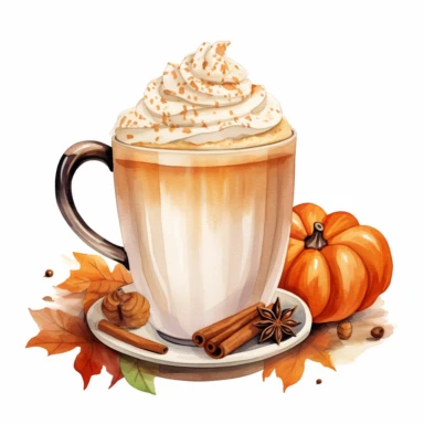 watercolor pumpkin spice latte isolated, highly detailed color ink illustration, autumn season details, cute details, white background clipart 8k