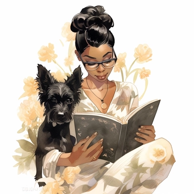 llustration of black woman, with tattoos, with her miniature schnauzer dog, reading a book, boho modern aesthetic, cottagecore, avacadopunk, florals, pastel and gold tones, flawless line work, low detail, clipart, white background