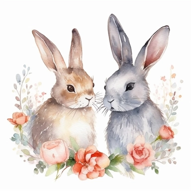 watercolor bunnies in love clipart on white background