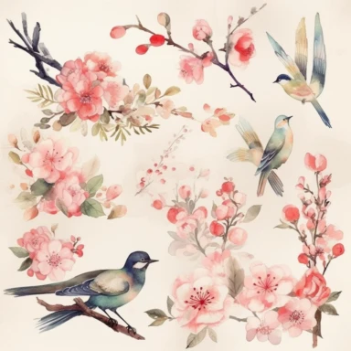Create a set of watercolor cliparts featuring traditional elements of Japan. Each clipart should be created in a delicate and refined style with a soft and muted color palette. The elements can include sakura blossoms, bamboo, koi fish, and other traditional symbols. The artistic style is watercolor painting on paper, executed with a focus on evoking the timeless beauty and grace of Japanese culture,
