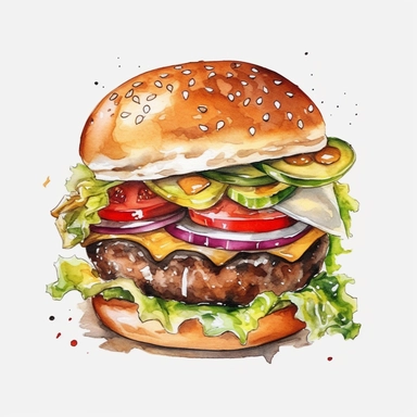 High Detail clipart of a Hamburger, no lines, no outlines, clipart, featured on dribble, american Dinner clipart, minimalist, computer vector graphic design clip art, watercolor illustration clipart, watercolour clipart, watercolor illlustration for Recipe Books, book illustration, print on demand image, PNG tranparent background