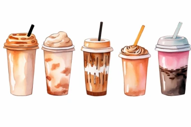 minimalistic clipart set five watercolor clipart, latte paper cup, Cute kawaii sticker