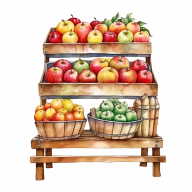 watercolor apple stand clipart, white background, realistic with high details, beautifully colored with strong palette pastel colors, 32k h