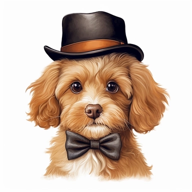 cute cavapoo wearing bowler hat, bow tie, realistic, vector, illustration, clip art, white background