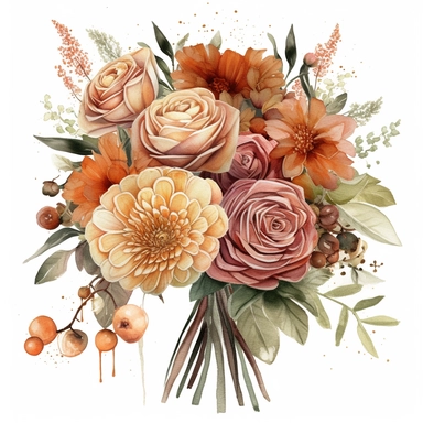 create a beautiful high quality highly detailed highly saturated watercolor clipart illustration of a beautiful single and elegant decorative SIMPLE COTTAGECORE BRIDAL BOUQUET WITH THE FLORAL STEMS WRAPPED in SILK BURLAP covered in a theme of burnt orange, terracotta, beige, flower arrangement with vendela rose, dahlia rose, rose bud, willow, use intricate detailing for the BRIDAL BOUQUET, pay close attention to the leaves, this illustration should be used for wedding invitations, pay close atte