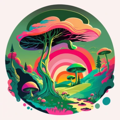 Expressionist Landscape Painting: magic mushrooms, pink + green, salad green + egg yellow, Vibrant Colors, Round mandala, Intense Emotions, Fauvism, art deco, light colors, pop art deco nouveau, flat 2d vector design, illuminati priestess , clipart, detailed trace
