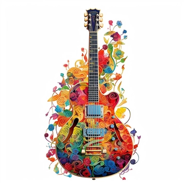 Against a white background, a clip art image showcases a meticulously detailed depiction of a guitar, adorned with vibrant and colorful elements. The guitar takes center stage, with its body and strings intricately illustrated to capture its essence. The body of the guitar features a vibrant burst of colors, blending seamlessly from one shade to another, evoking a sense of energy and creativity. Music notes, represented by a variety of shapes and sizes, dance playfully around the guitar, symboli