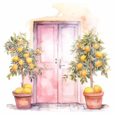 watercolor pink door with lemon trees in pots in front clipart on white background
