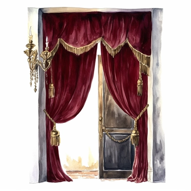 royal velvet burgubdy curtain, full body, tied with a golden cord with a tassel, behind the curtain a small white door, watercolor by mary whyte, romantism, clear line, white solid background, clipart, medieval