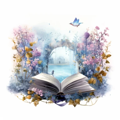 fantasy scene coming out of an open book, secret garden, florals, magical, watercolors, Clipart, pastel blue color theme