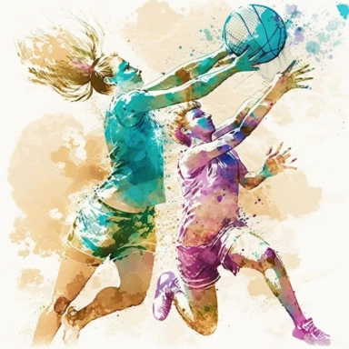 watercolor Beach Volleyball: Create cliparts of a beach volleyball net, ball, and players, capturing the energetic and competitive nature of beach volleyball games