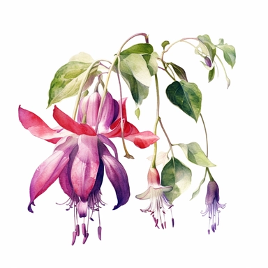 a watercolour painting of a fuchsia flower, in the style of uhd image, dansaekhwa, traditional, flourishing botanicals, exotic, white background, colorful, antique clipart, vibrant intense colors, photorealistic botanical satin drawing in the style of Pierre-Joseph Redoute