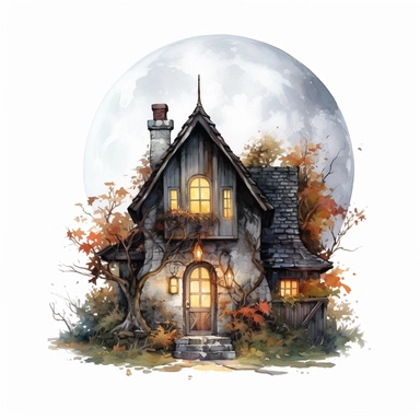 hyperrealistic high detailed witch cottage with fullmoon, watercolor clipart, white background