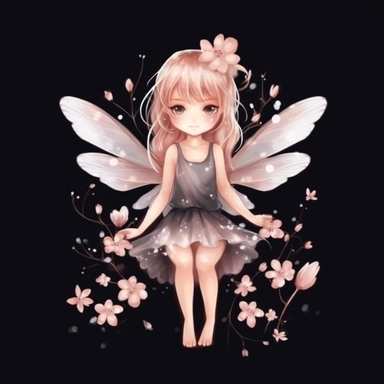 cute fairy with cherry blossoms clipart, watercolor style, Black Background