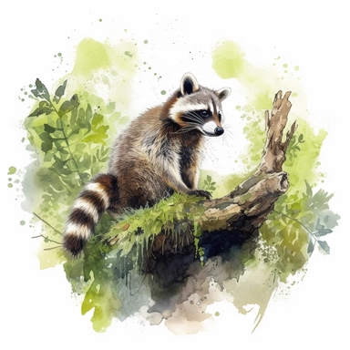 Create a clipart of a raccoon perched on a moss-covered tree branch, looking curious as it explores its woodland habitat. Surround it with lush green foliage and dappled sunlight to evoke a sense of tranquility, watercolour style, white background