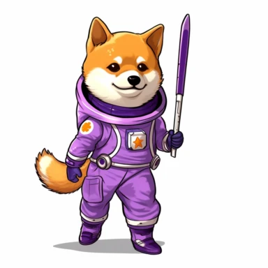 Shiba inu dog in purple spacesuit, holding a real baseball bat, white background, clipart style, cartoon style