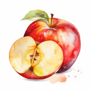An apple fruit with a wedge cut out, revealing the juicy inside , Watercolor, pastels, clipart, beautiful, colourfull, png transparent white background, high resolution, no caption q4 s2