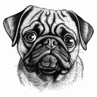 pug clipart no background, white, black, svg, sketchbook, free lines, on paper