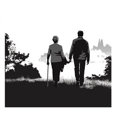 a black-and-white clipart image (not greyscale, use only black and white) depicting an older mother and her adult son walking away. The mother should be walking together with her son next to her, holding her hand. The camera should be behind them, so only their poses are visible. Faces should not be visible. The mother should have aged features, indicating her seniority, and the son should be an adult taller than the mother. The background should be simple and not distract from the main subjects