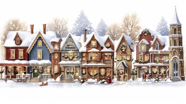 Christmas village, clip art, magical, enchanting, wreaths, snow-covered streets, colorful houses, sparkling, charming, detailed, festive, ornate, traditional, whimsical, Christmastide, Michael Powell style, white background