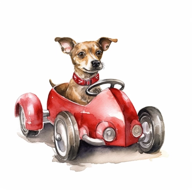 a dog driving a red racing car, watercolour, clipart, white background