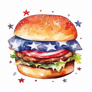 watercolor 4th of july burger clipart with white background