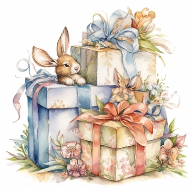 insanely beautiful pile of 3 gift packages , in the style of beatrice potter and jody Bergsma,32k uhd, hand-painted details, pastoral illustrations, amazing colour combinations , aquarellist, hd , white background clipart ,-- no watermark--ar 27:37