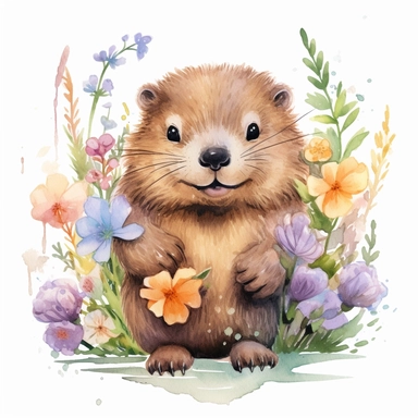 a captivating watercolor clipart image with a white background and white margins, featuring a cute sweet extremely happy smiling baby beaver surrounded by flowers. The ultra-detailed, hand-drawn elements capture the details. Use vibrant shades of various colors to create a visually appealing image