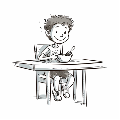 stick figure clipart, little boy stick figures, cute smiling, eating breakfast, sitting on a chair, breakfast on a table, isolated, low details, oneline art, white background