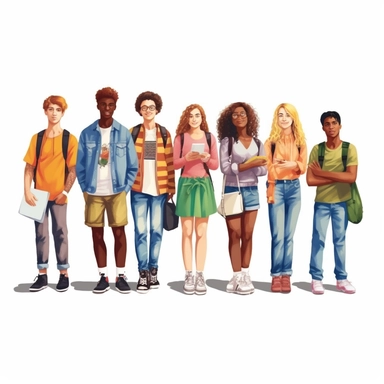 Diverse school group: realistic Illustration of teenage students from different ethnicities and cultures together, representing diverse educational environments. clipart, isolated on white background, 4K