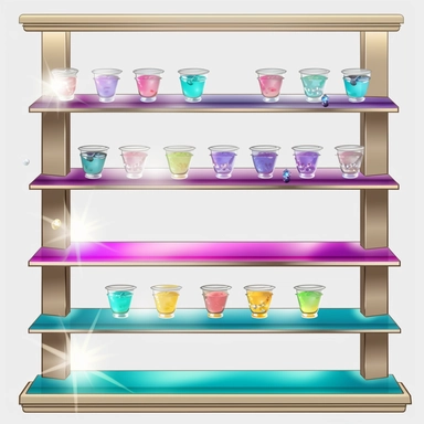 display with empty glass shelves, glitter, cartoon, clipart