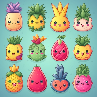 Two Dimensional, pastel cartoon pineapple, dragon fruit, watermelon, lemon in the same style, with cute faces, each in their own solo frame clipart