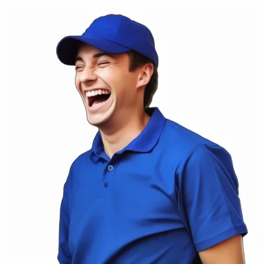 ultra camera realistic age 25 young man in vibrant royal blue polo shirt uniform laughing at a very funny joke with white background for a vector clipart