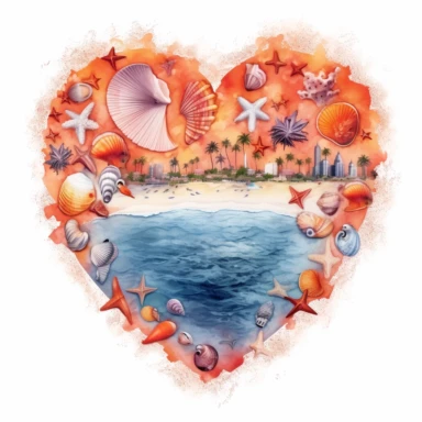 Orange beach heart shape, illustration clipart, detailed, black outline, white background, digital art, watercolor