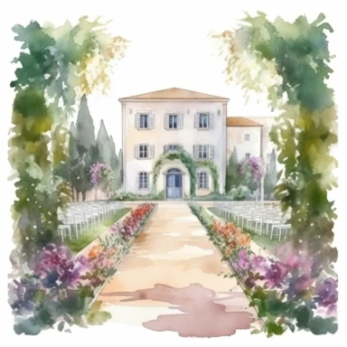 Watercolor drawing beautiful rich italian venue, wedding venue in flowers, piscina e scalinate,watercolor clipart, white background, isolated on white, 8k, watercolor style