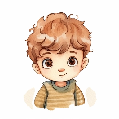 watercolor illustration clipart, cartoon style of a cute toddler boy, extra short light brown curly hair, brown eyes